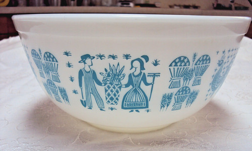 Vtg Pyrex #403 Amish Butter Print turquoise blue on white 2-1/2 Qt. Bowl NICE!