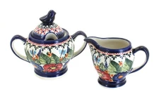 Blue Rose Polish Pottery Floral Butterfly Cream & Sugar Set
