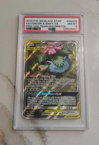 Venusaur and Snivey GX SM 229 PSA 8 Tag Team Premium Collection 2019