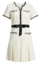 Tahari A-Line dress short sleeve pleated tweed trim size 10 ecru ivory black