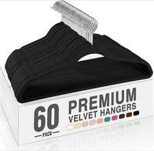 Black Velvet Hangers 60 Pack, Non Slip Clothes Felt Hanger Heavy Duty for Coat