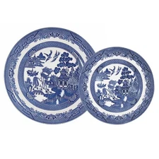 English Blue Willow Pottery Dinner and Salad Plates Set of 2 Queens by Churchill