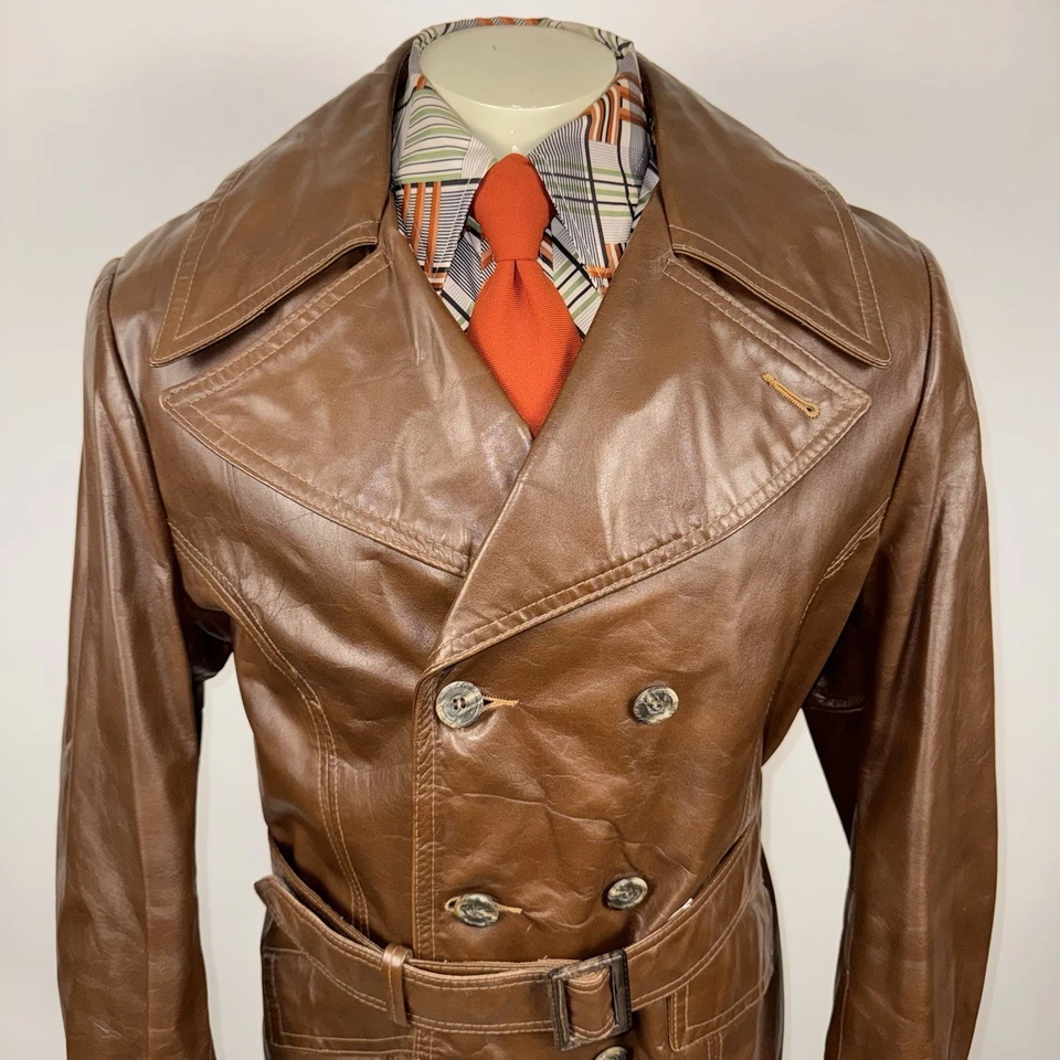 Chaqueta de cuero gris vintage para hombre 46 gabardina con cinturón discoteca mod dandy años 60 70 Foto 3 de 4