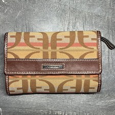 Fossil TriFold Wallet Brown Canvas Signature Logo Leather Trim 5.5  x3.5  