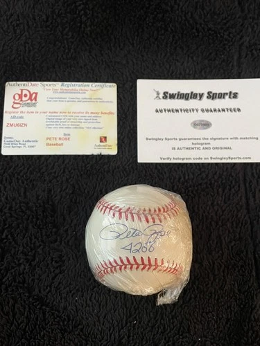 Pete Rose Signed Baseball #4256 Hits  Official MLB Ball. Wih 2 COA.