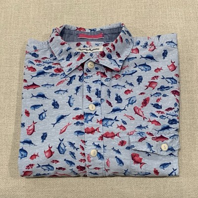 Tommy Bahama Button Up Short Sleeve Shirt Mens Large Fish Print Coastal Preppy