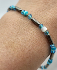 Beaded Blue Sterling Tigers Eye Bracelet 7in