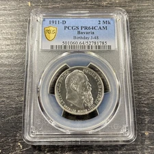 1911-D Germany Bavaria Silver 2 Marks Proof 90th Birthday PCGS PR64 CAM Item9981