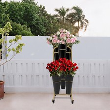 Gold Flower Display Stand Black 6PCS Buckets 2-Layer Steel Plant Stand w/ Wheels