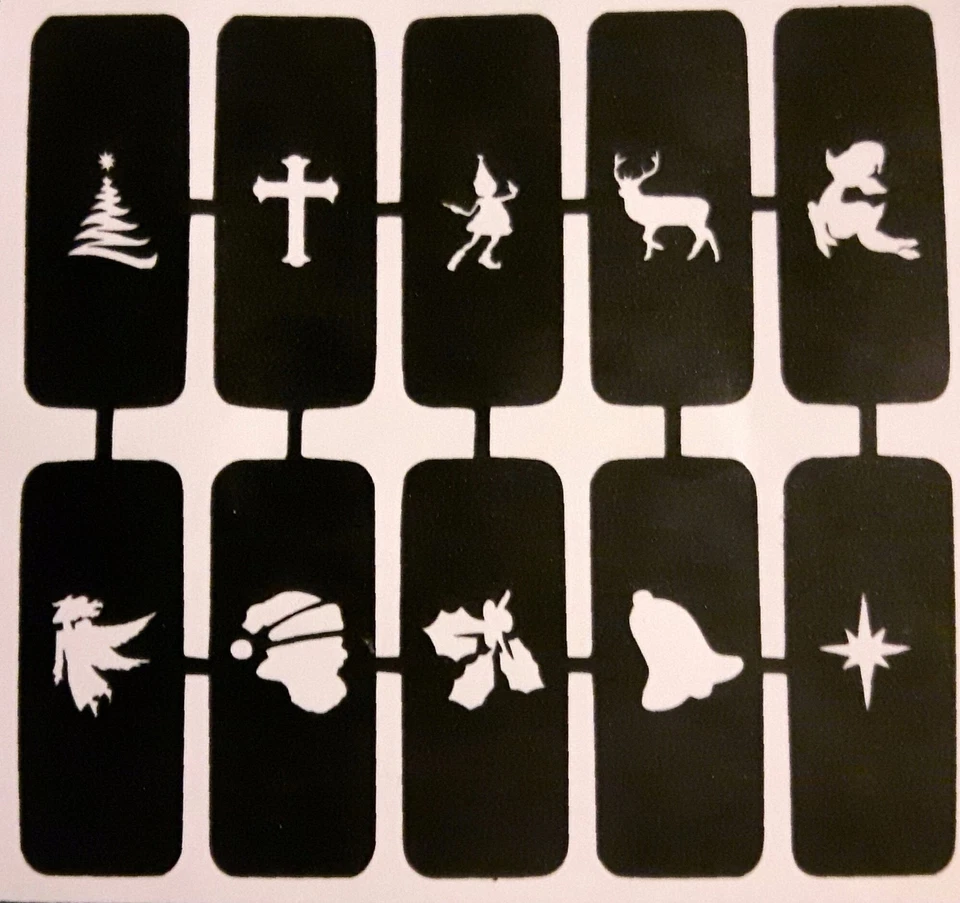 DAZZLE GLITTER TATTOOS 50 x Christmas nail stencils for airbrush Santa tree bell reindeer angel (mixed)