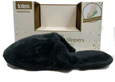 New Totes Toasties Women's Memory Foam Slippers Size L 8-9 Solid Black Fuzzy