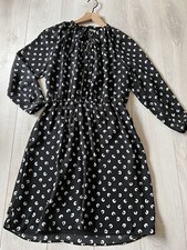 Loft Black Blue Printed Bow Tie Neck Puff Long Sleeve Fit & Flare Dress Sz 2P