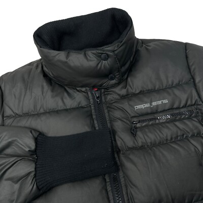 PEPE JEANS Vintage Women s Black Cropped Puffer Jacket Zip Snap Size Large
