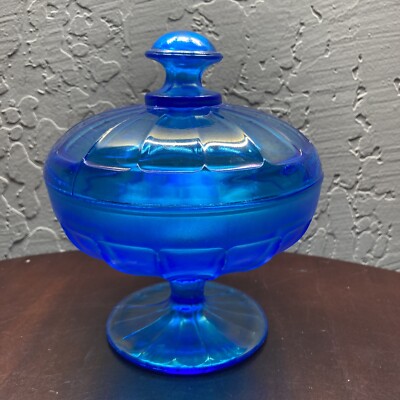 Vintage Fenton Celeste Blue iridescent Stretch Glass Bon Bon Candy Dish Compote