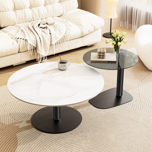 2Er Set Rund Couchtisch Weiß Marmor &Glas Satztisch Wohnzimmertisch Beistelltish-image