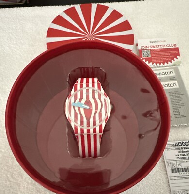 Swatch Watch SUOZ168 KISS ME NOW NWT SWATCH Exclusive Red & White Stripe Sweet Valentine Heart In  main image 2