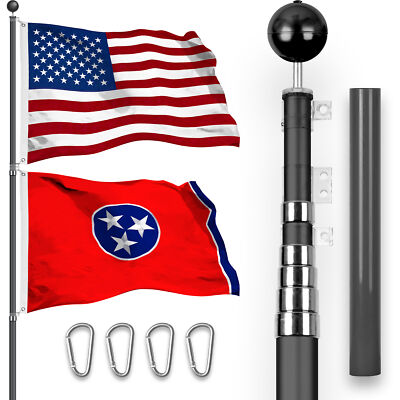 20 Ft Telescoping Flagpole Black & American and Tennessee Flags Spun 3x5 Ft