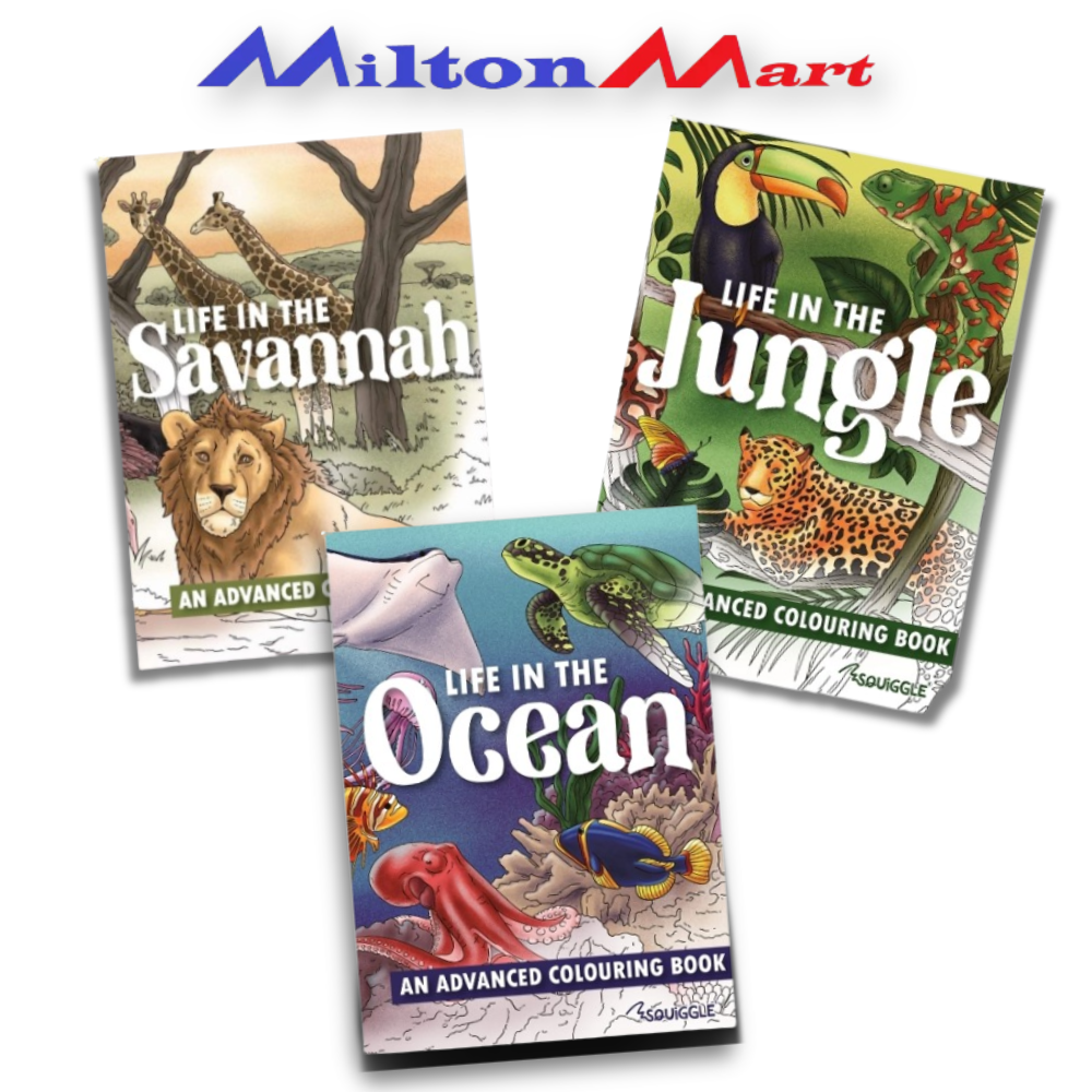 3 x colouring books life in Jungle, Ocean & Savannah animals sea creators birds