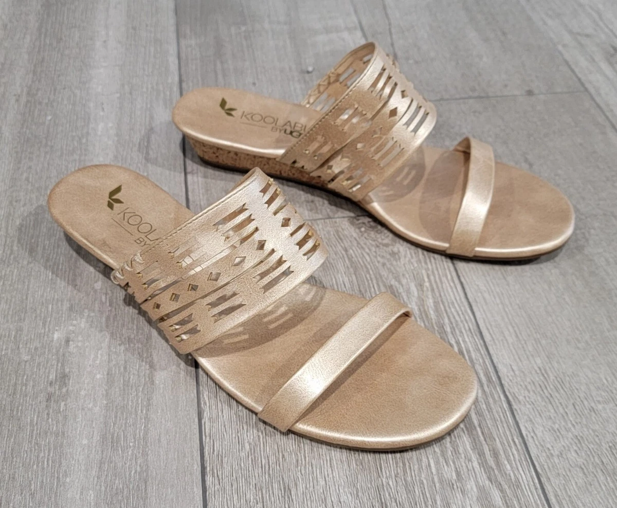 KOOLABURRA by UGG Gold Low Cork Wedge Laser Cut Slides Sandals 8.5M