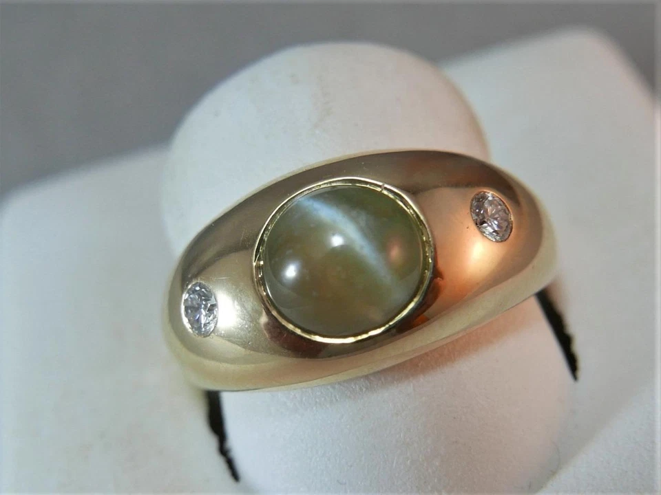 ANILLO MEÑIQUE GITANO DIAMANTE CRISOBERILO OJO DE GATO ORO 14KT PARA HOMBRE #K1390.17 Foto 3 de 4