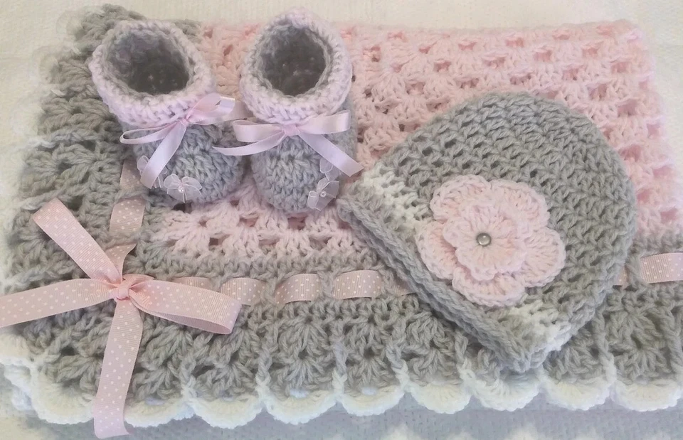 Crochet Baby Blanket Set, Matching Hat, Booties in Light Pink, Gray Baby Shower - Image 2 of 3
