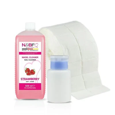 NAILS & BEAUTY FACTORY Nagel Cleaner Erdbeerduft 500ml Entferner 1000 Zelletten 150ml Pumpspender Blau