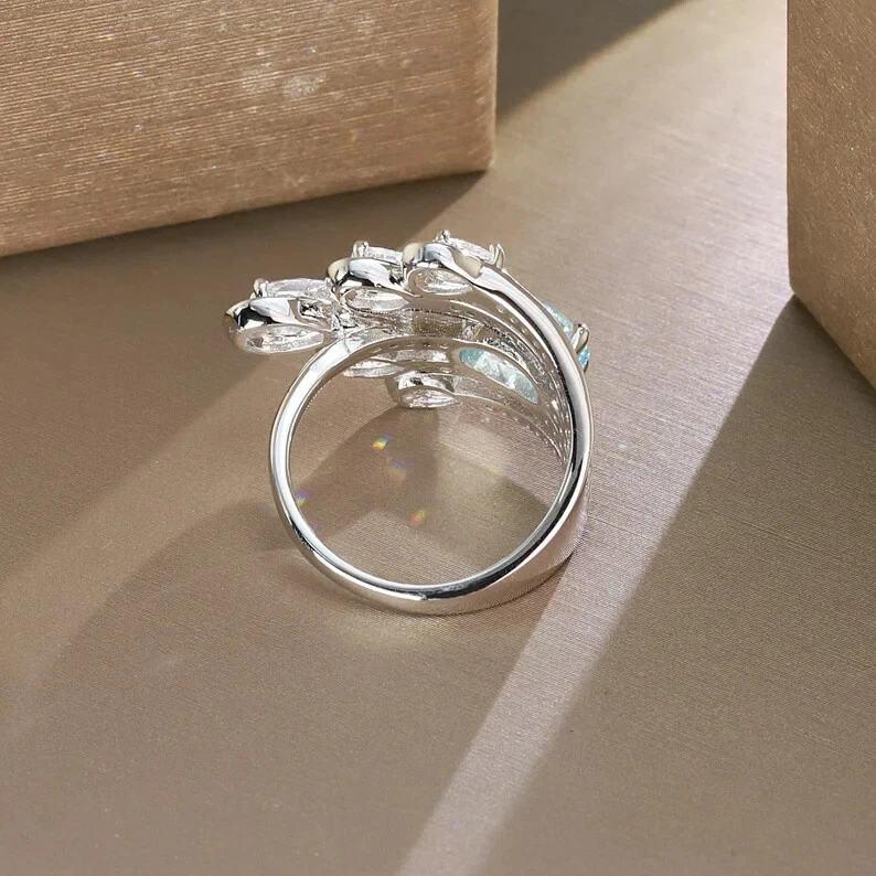 Genuine Oval Cut Aquamarine & Pear Cut Simulated Sapphire Luxury Women's Ring - Image 4 of 4