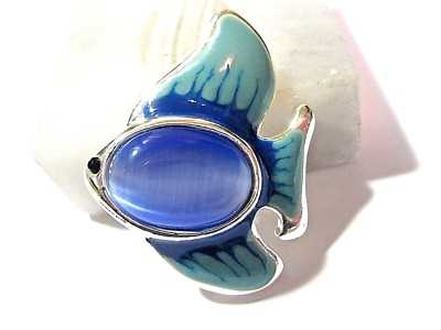 Turquoise Enamel and Cat's Eye Angel Fish Brooch Pin Figural Vintage