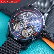 Mens Double Flywheel Skeleton Automatic Mechanical Watch Black Stainless Steel