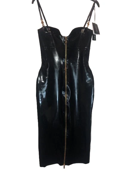 VERSACE Black Latex Zipped Dress with Medusa G Logo on Straps size 40 ITA