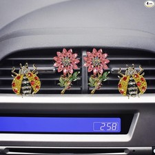 4PCS Flower Car Air Freshener Vent Clips, Crystal Rhinestone Pink/Yellow