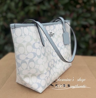 Coach Medium City Tote Bag In Signature Canvas Silver/Chalk/Blue