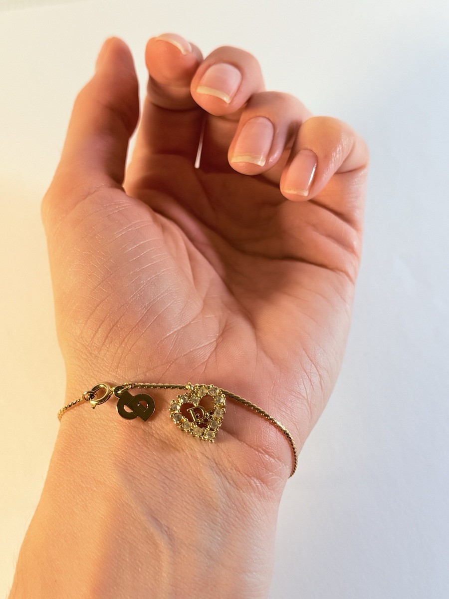 Christian Dior Heart Charm Bracelet Rhinestone Gold Tone with COA
