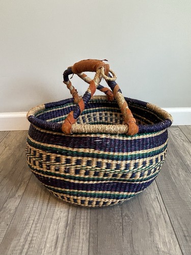 Handwoven Bolga Basket Ghana Elephant Grass Leather Handle Large Tote Market Bag