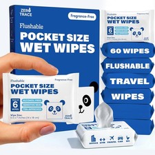 Zero Trace Flushable Wipes Travel Portable 99.5 Water 60ct