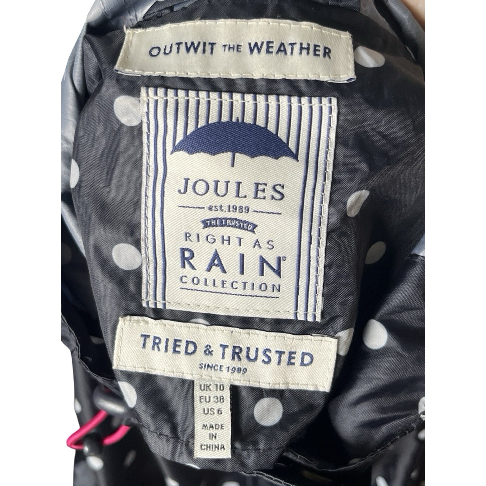 Joules Right as Rain Collection Navy Blue Polka Dot Rain Jacket Womens Size 6 image 7