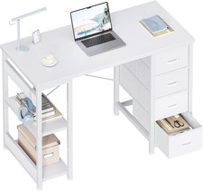 ODK 40 Inch Small White Computer Desk with 4 Fabric Drawers, Modern Office Desk