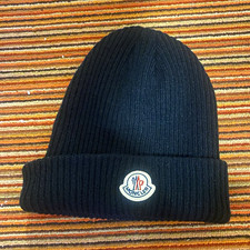 Moncler Black Ribbed Knit Wool Beanie Hat Logo Patch One Size Unisex