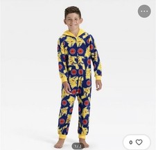 Pok mon Pikachu Hooded Fleece Union Suit One Pc Pajamas - Boys SMALL - NEW