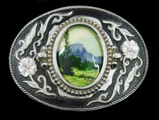 SF03109 NOS VINTAGE 1970s MOUNTAIN HAND-PAINTED ARTWORK NATURE BELT BUCKLE