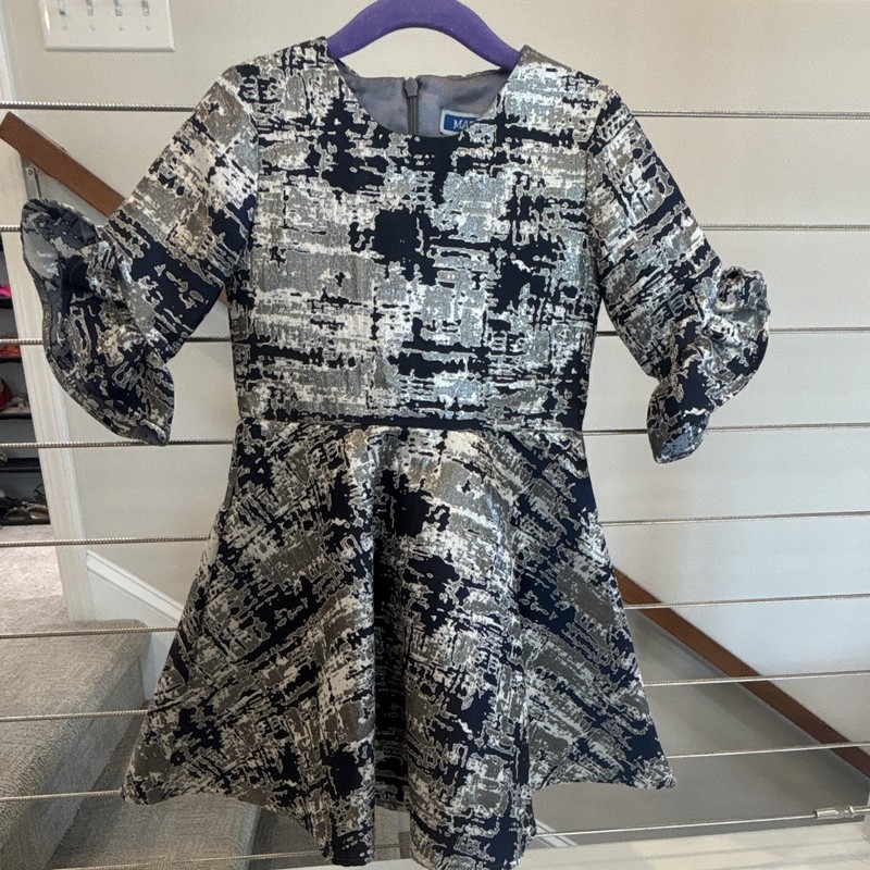 Matooka Girls Navy Silver Abstract Brocade Fit & Flare 3/4 Sleeve Dress Size 4