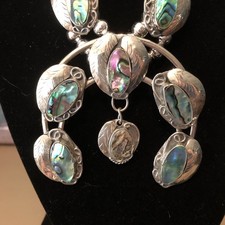 Jewelry Coin Silver (.900) & Genuine ABALONE SHELL Squash Blossom Necklace