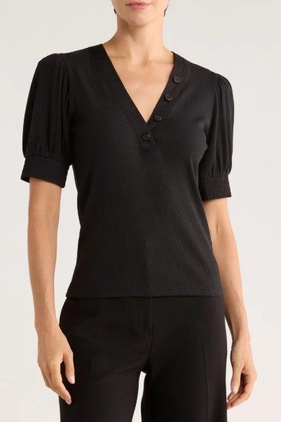 Derek Lam 10 Crosby Puff Sleeve Top Black Size XS V Neck Cotton Blend