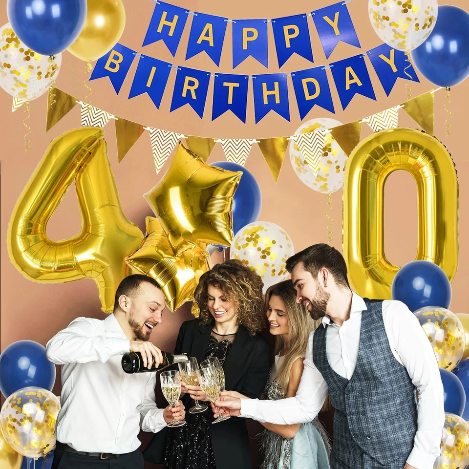Decoraciones 40 Cumpleaños para Hombre, Globos Dorado Azul Marino y Feliz Cumpleaños Ba Foto 3 de 4