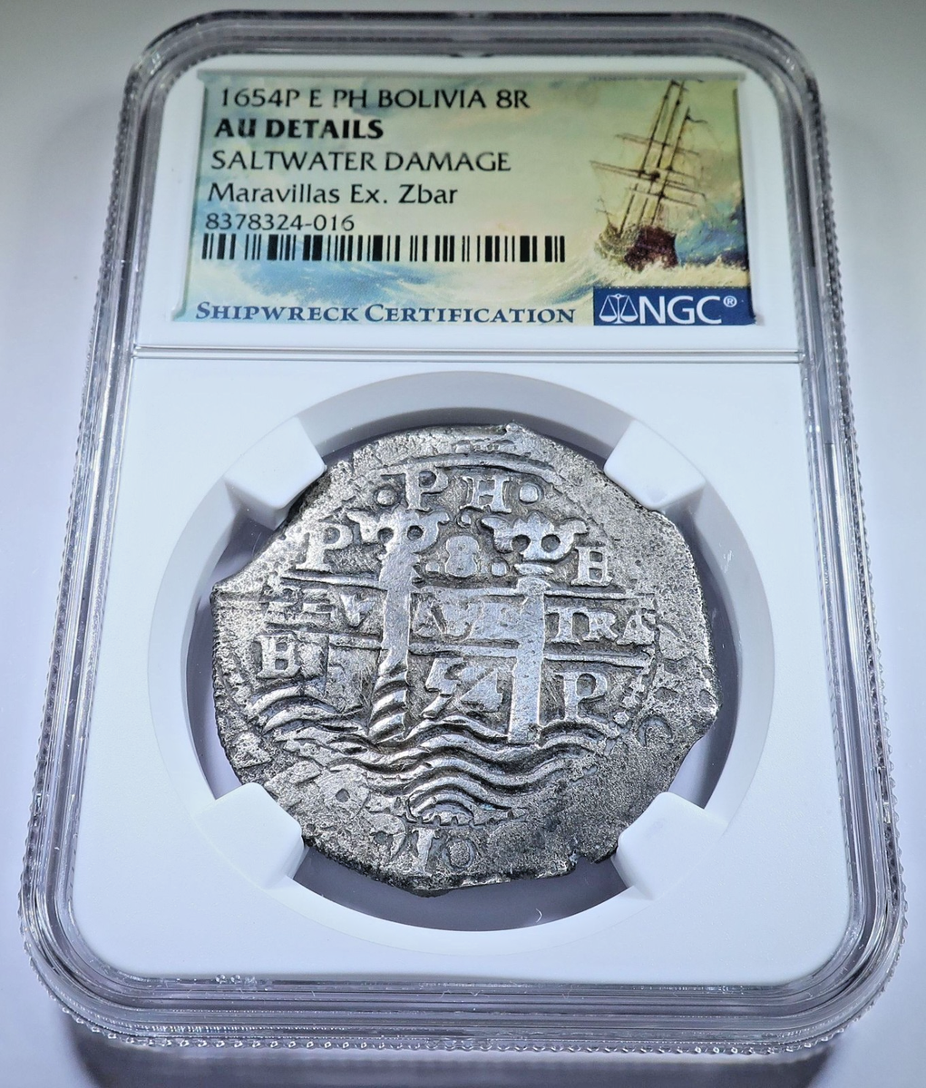 NGC AU Maravillas Shipwreck 1654 Spanish Bolivia 8 Reales 1600's