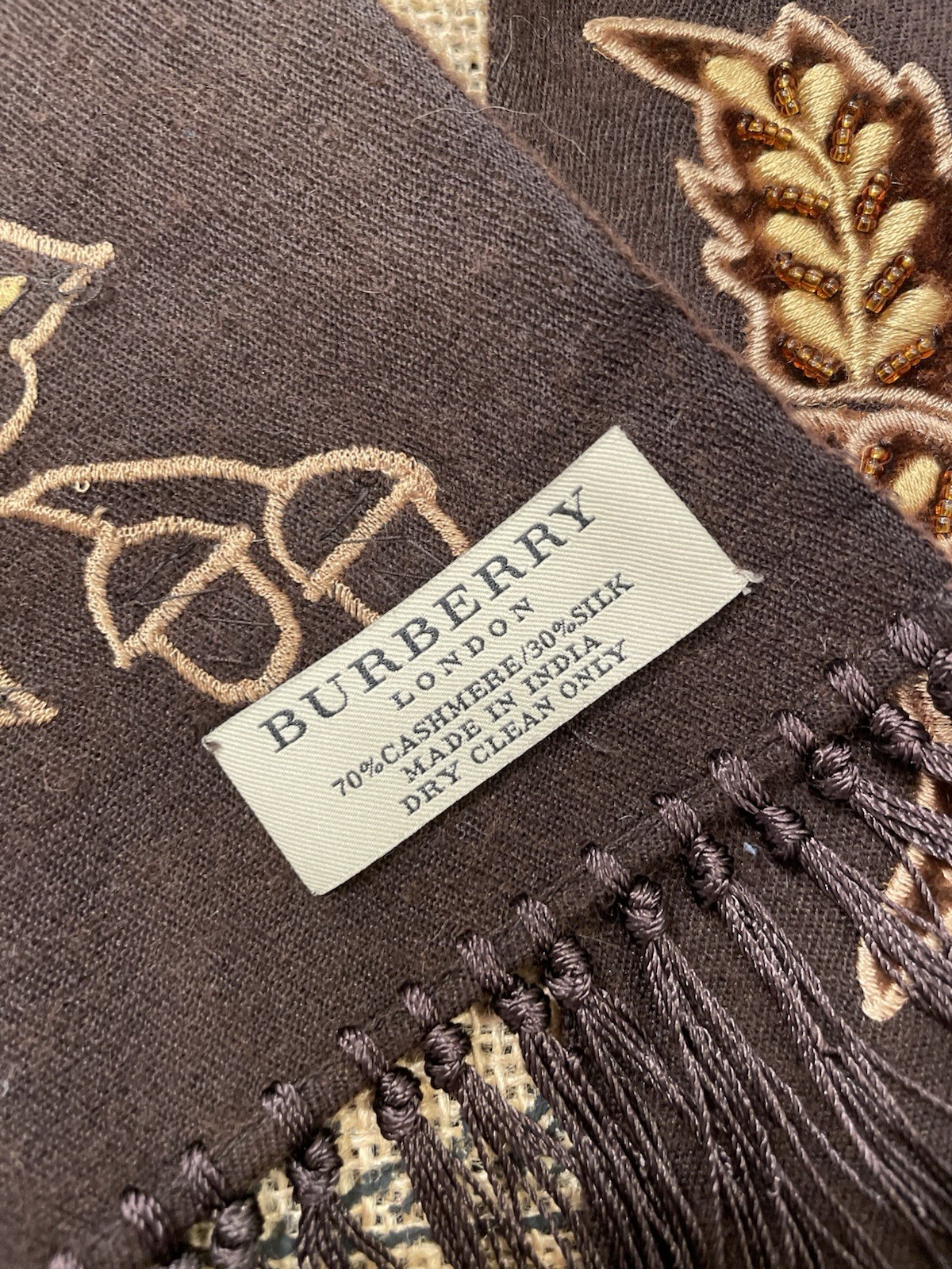 Luxury Burberry Chocolate Silk Cashmere Shawl with Embroidery