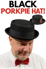 Deluxe BLACK WOOL FELT PORK PIE HAT Feather Keaton Prop Costume Cap Adult Walter