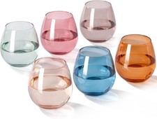 Colored Stemless Wine Glasses Set of 6-15 oz Hand-Blown Colored Drinking