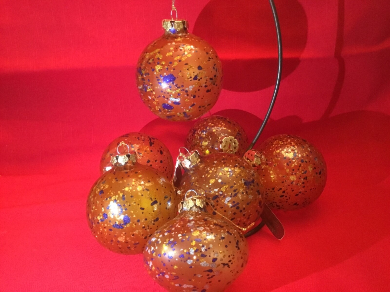 7 piece Santa's Workbench Glass Glitter Round/Top Christmas Ornaments