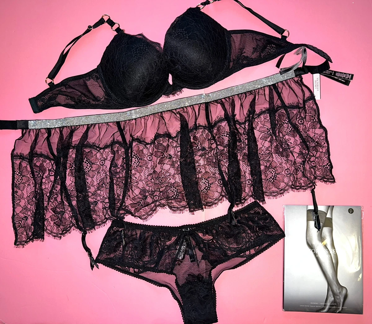Victoria s Secret 36C 36DD 36DDD BRA SET M L garter skirt BLACK